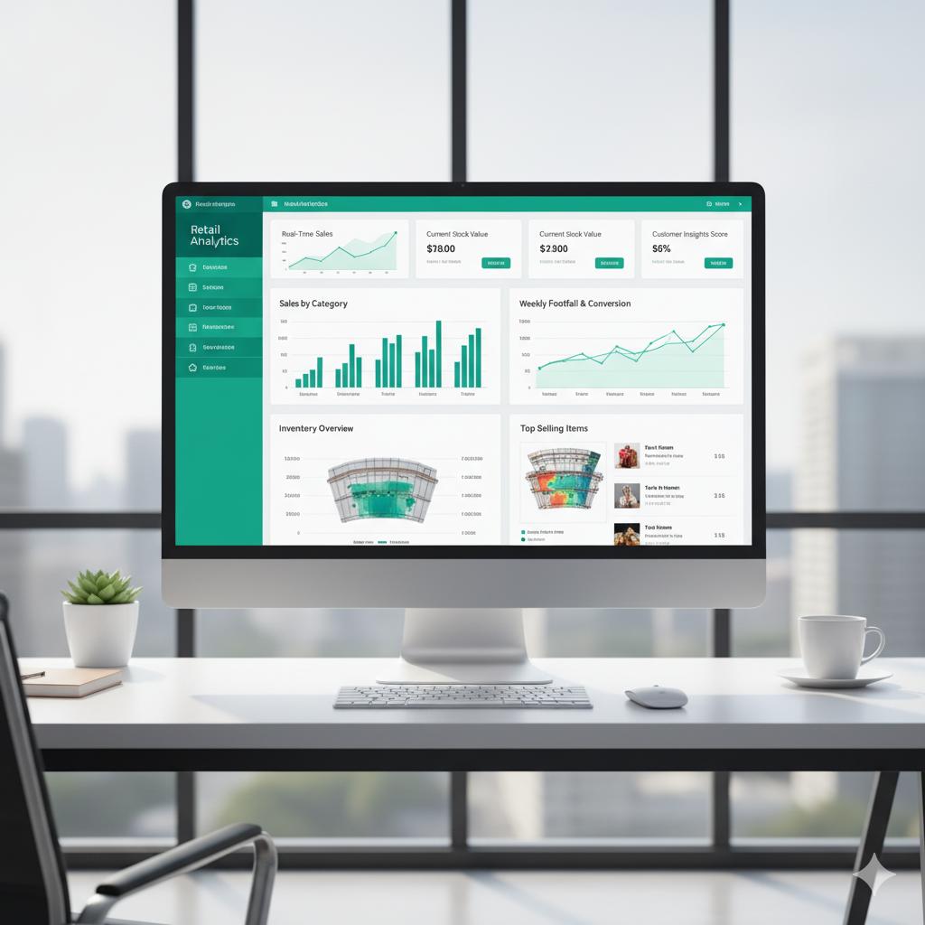 Power BI retail analytics dashboard on a desktop monitor